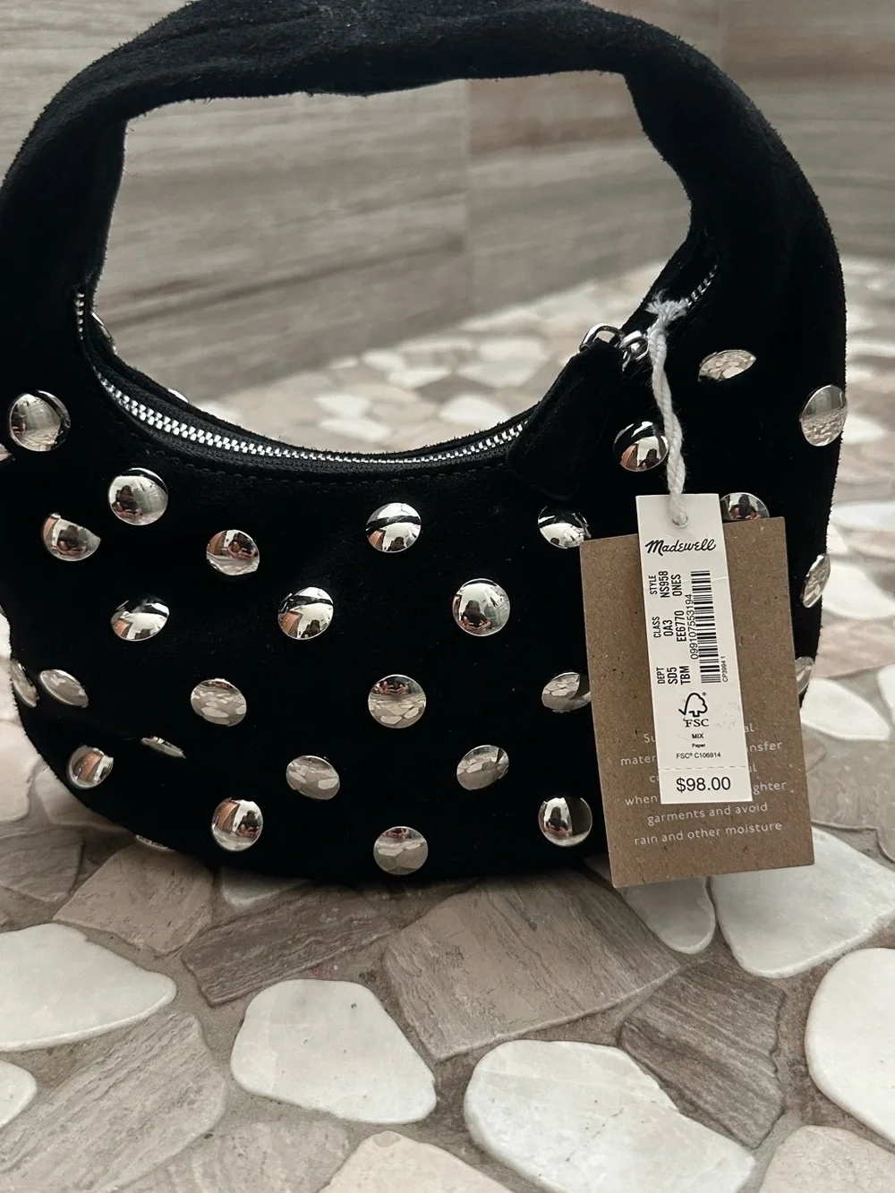Madewell Mini Bag in True Black Multi, suede adorned with silver dome studs. NWT